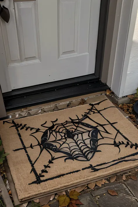 A plain doormat painted with a detailed spider web design, placed at the entrance of a house. The doormat is slightly weathered, adding to the spooky feel, with autumn leaves scattered around.