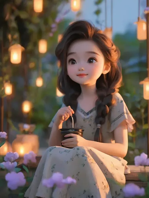 A long-haired girl sitting on a bench,Holding a cup in hand, charming细致的数字艺术, charming的数字艺术, charming卡通 character, charming的肖像, charming卡通, charming的角色, Soft portrait shots 8 k, charming的数字, charming的 3d 渲染, charming, charming的动漫女孩, charming美丽, Beautiful s...