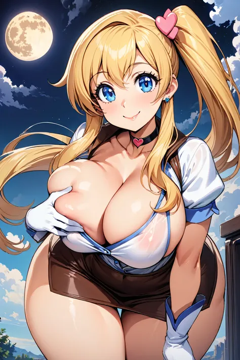 ((masterpiece,best quality)), highres, cute, eyelashes, lower body, smile, leaning forward, finger on lips, lucy heartfilia, 1girl, solo, long hair, breasts, hanging breasts, grabbing-own-breasts, looking at viewer, smile, bangs, blue eyes, skirt, blonde h...