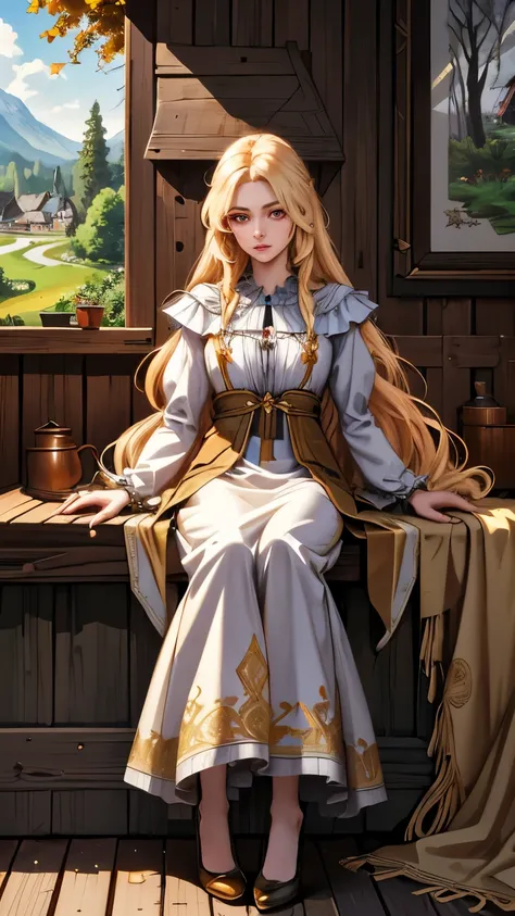 (extremely detailed CG unity 4k wallpaper),(masterpiece),(best quality),(ultra-detailed),(best illustration),(best shadow),(absurdres),(Detailed background),Russian Woman, very long blond hair, Pale Skin, Golden eyes, Long eyelashes, medium breasts, Simple...