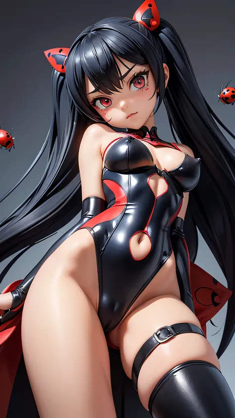 Ladybug and Cat Noir、1girl, Tall、(Angle from below:1.7), Embarrassed expression, (Red full-length suit)、(The chest is torn)、(torn abdomen)、(Hip part is torn)、(The legs are torn)、Black polka dots、The face is exposed、The shape of the chest is clearly visible...