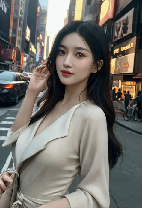 a beautiful asian girl walking down a new york city street, detailed facial features, high quality detailed skin, detailed dress, street scenery, realistic lighting, 8k, hyper detailed, photorealistic, beautiful detailed eyes, beautiful detailed lips, extr...