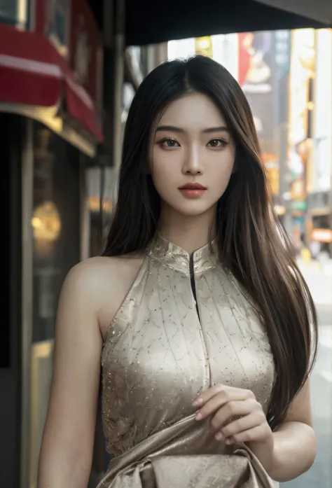 a beautiful asian girl walking down a new york city street, detailed facial features, high quality detailed skin, detailed dress, street scenery, realistic lighting, 8k, hyper detailed, photorealistic, beautiful detailed eyes, beautiful detailed lips, extr...