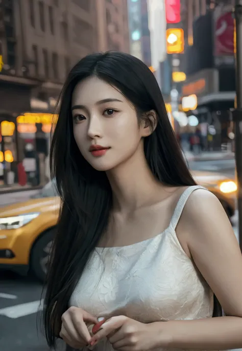 a beautiful asian girl walking down a new york city street, detailed facial features, high quality detailed skin, detailed dress, street scenery, realistic lighting, 8k, hyper detailed, photorealistic, beautiful detailed eyes, beautiful detailed lips, extr...
