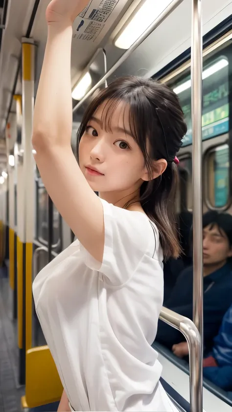 ((Completely naked:1.4))、(masterpiece:1.2), Highest quality, High resolution, Realistic, 1 Japanese girl, Baby Face, Small breasts, thin ,like々New Appearance, (汗ばんだShow your armpits), Upper Body, Hold on to the railing of a train, Show your armpits, (avert...