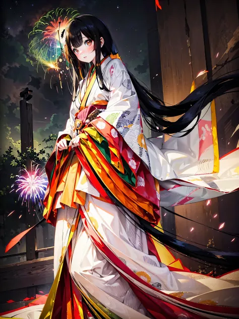 (solo japanese girl:1.3), (straight long hair, shiny and glossy black hair:1.3), karaginu jacket, long hakama, the cuffs and che...