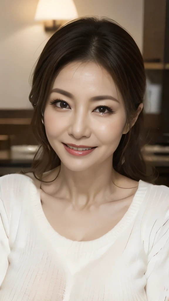 Mature attractive sexy woman,50 years old, Shut,((Big Breasts:1.2)),(Facial wrinkles:1.3),light makeup,Light brown hair,Long Hair,(Tabletop),8k, RAW Photos, highest quality, Laughter,masterpiece,highest quality、A gentle smile、A gaze that seduces viewers、Sc...