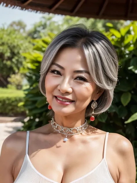 75 years old　Mom　MILF　Chinese Lady　large earring　Big choker　navel piercing decoration　A bracelet　Silver Hair　realisitic　Gorgeous Madame Beautiful Mature Woman　sexy　Smile　Gentle woman navel piercing　４K　High quality レースのタンクトップ