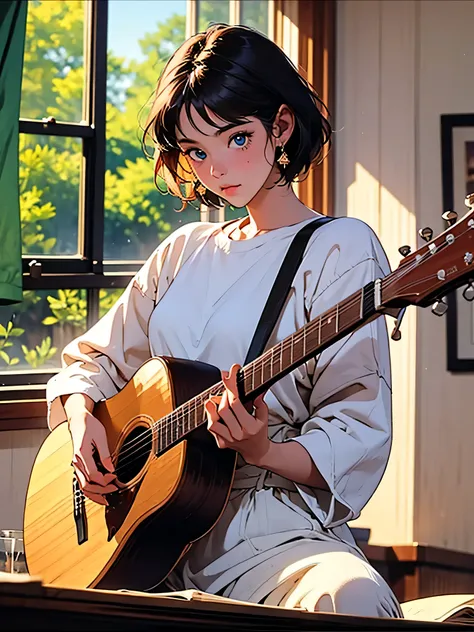 style: 80년대 애니메이션 style, ultra high resolution, very detailed, perfect lighting. Hero: girl with short hair, blue eyes, and small, round nose. She is looking forward with her face and torso aligned forward.. accessories: The girl is holding a guitar and pl...