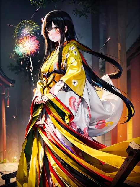 (solo japanese girl:1.3), (Straight long hair, Shiny and glossy black hair:1.3), Karaginu jacket, Long hakama, The cuffs and chest of the five-piece garment, Wearing Imperial Kimono, Imperial Patterns, (huge breasts), (from front), (cowboy shot), (looking ...