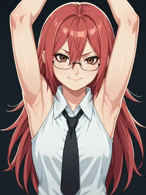 score_9, score_8_up, score_7_up, source_anime, tayuya, anime coloring, red hair, long hair, brown eyes, glasses, tie, necktie, b...