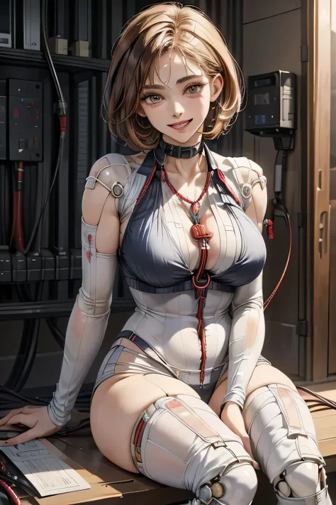 (((masterpiece))), (((Highest quality))), ((Very detailedな)), (Detailed CG illustrations), ((Very delicate and beautiful)),Cinematic Light,((One Mechanical Woman)), alone,mature,(Big and ample breasts),(Plump), (((The crotch is open))),((Thighs)),((Sitting...