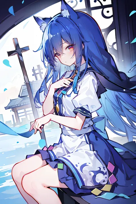 (masterpiece:1.2),Extremely detailed,Practical,expressive eyes,Fair skin,Perfect face shaping,1 Girl,
Japanese cartoons,Gorgeous blue hair, the long flowing blue hair,Floating clothes,Cat ears,Petals fall,beautiful lola,Young Angel,
Place your hands on you...