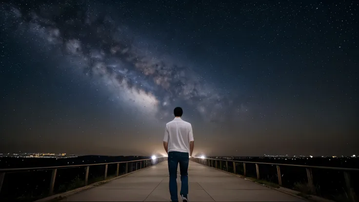 A high-quality, detailed image of a man walking alone, looking up at the night sky. He is wearing jeans and a white shirt. The background features a clear night sky filled with stars.