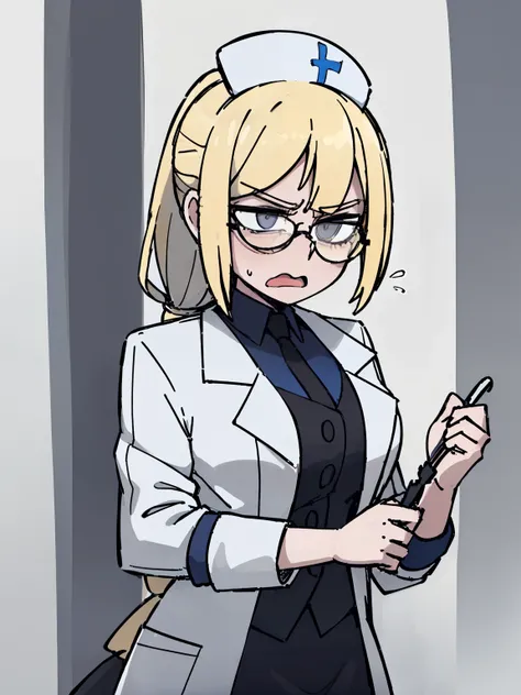 ((A woman，((blonde))，Long ponytail whip，White doctor coat，Blue Shirt，Black skirt，Black round glasses，Nurse hat))，matron，((anger))，front，Half Body，temperament，White background