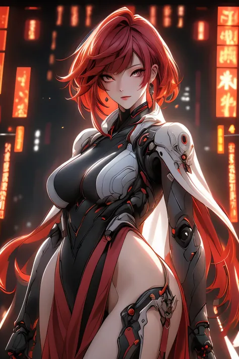 ((best quality)), ((masterpiece)), (detailed), Photorealistic, high resolution, mature woman, Image of a beautiful cyberpunk woman, เหมือนจริง, Hips up, jewelry, Curtain Bangs, red hair, White eyes, หน้าอกใหญ่, HDR (high dynamic range), After processing, A...