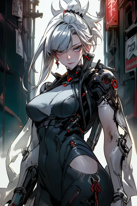 ((best quality)), ((masterpiece)), (detailed), Photorealistic, high resolution, mature woman, Image of a beautiful cyberpunk woman, เหมือนจริง, Hips up, jewelry, Curtain Bangs, White hair, White eyes, หน้าอกใหญ่, HDR (high dynamic range), After processing,...