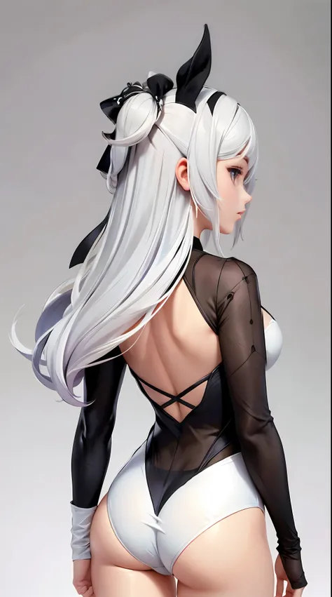 mesh bodysuit, back view, white hair