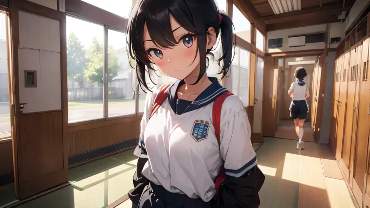 Best god quality, SOLO, SINGLE GIRL, no one in background, solo girl, detailed, a highschool locker room, Japanese foot lockers, Japanese school, (((SOLO))), (single girl standing in middle) 1girl, tomboy, short hair, black hair, bright eyes, eyelashes, sw...