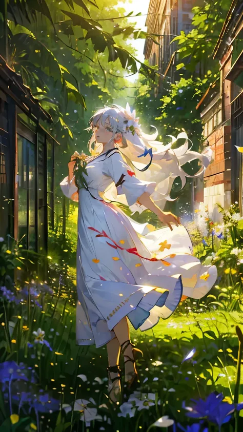 (Mastepiece), (Best Quality), Very detailed, 1 girl, (Full body solo shot:1.4), Perfect Face, beautiful girl, Very detailedな顔，(Long white hair:1.5)，(Green Eyes:1.4)，(White long dress:1.4)、(Lots of butterflies々:1.2)、bird、(Abandoned City、Plants、Flower Field:...