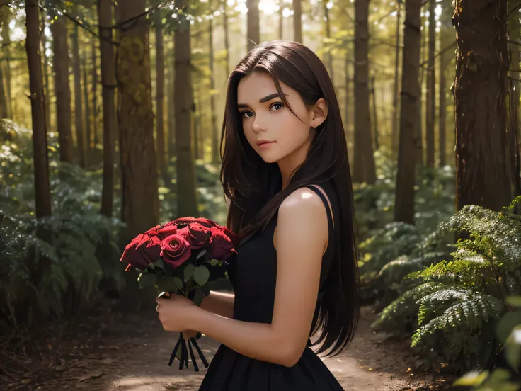 A girl, 15 years old, brown hair, ember eyes, beautiful black dress, holding roses in her hands in the forest, high quality, high details