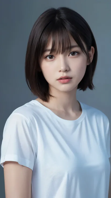 Highest quality, masterpiece, Ultra-high resolution, (Realistic:1.5), RAW Photos, 1 girl, White T-shirt, Simple Background, Deep Shadow, Inconspicuous key, Cold Light, Sexy look, short hair