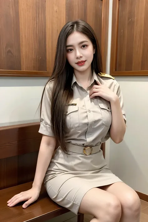 throw: ((((2 girls, 2 girls side by side, Press your chest together., massive, emphasizing the importance of being huge, gigantic , Revealing a deep rift)))) Thai Teacher, beautiful girl, Khaki suit, khaki civil servant, ชุดThai Teacher:1.3, beautiful girl...