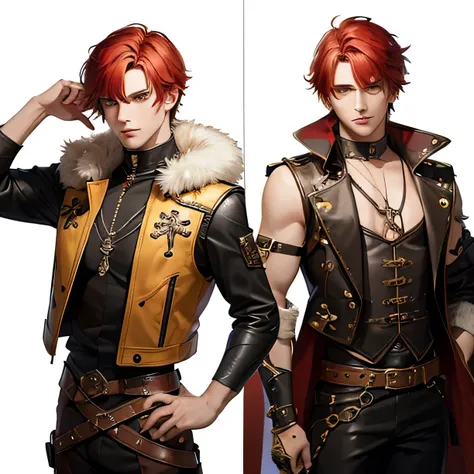 ((masterpiece)), (((Best quality))), illustration, youth, 1 guy, bright skin, yellow eyes, heterochromia, Red hair, pointy ears, medium length hair, sword in hand, vest with fur collar, Camisole with patterns, leather pants, belt, steampunk style, (simple ...