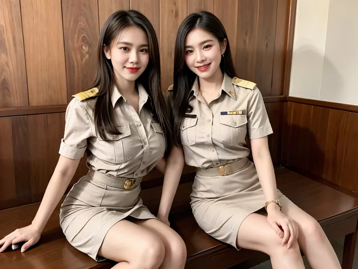throw: ((((2 girls, 2 girls side by side, Press your chest together., massive, emphasizing the importance of being huge, gigantic , Revealing a deep rift)))) Thai Teacher, beautiful girl, Khaki suit, khaki civil servant, ชุดThai Teacher:1.3, beautiful girl...