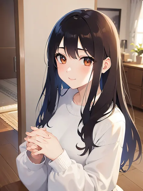 clasping own hands, looking up, wearing an oversized mens shirt. The shirt is too large for her, giving a baggy and loose appearance. upper body, (pale skin: 1.2), shiny skin, shiny hair、(A 25-year-old woman with medium-length hair and bangs) and (wavy hai...