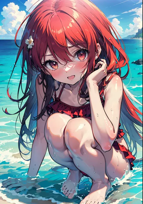 shana,灼眼のshana,long hair, red hair, red eyes, ahoge,smile,blush,open your mouth,red bikini swimsuit with ruffles,barefoot,wet ha...