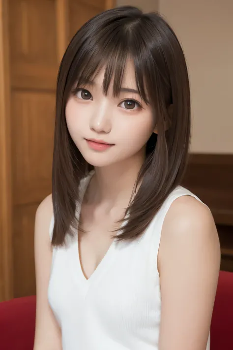 naked，Tabletop, Highest quality, One Girl, (beautiful girl:1.3), (16 years old:1.2), Very fine grain definition, (Symmetrical eyes:1.3), Browsing Caution, (nakedで出す, cute sleeveless:1.3), Beautiful breasts, Brown eyes, Parted bangs, Brown Hair, Upper teeth