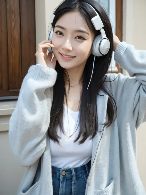 a cute asian, have headphone on her head, surprised expression on her face