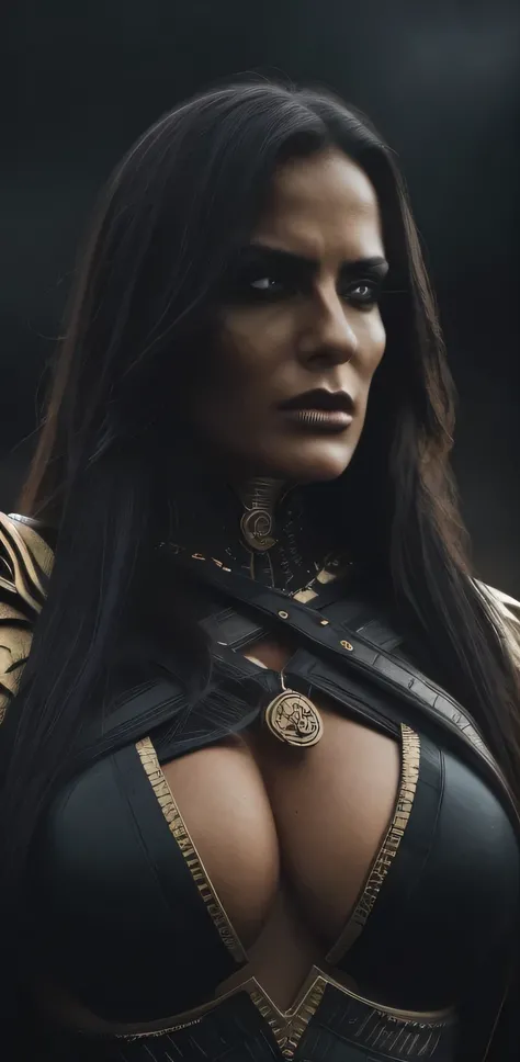 A beautiful, powerful spartan warrior woman with expressive eyes, a perfect face, and highly detailed features, wearing a dark, dramatic fantasy-inspired outfit with black and gold accents, deep cleavage, and a massive bust, set against a dramatic, gloomy ...