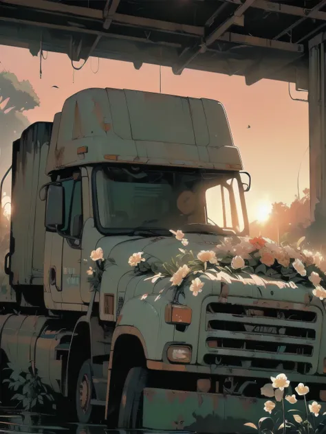 (((masterpiece, top quality))), (((32K wallpaper))), , ultra high resolution, extremely detailed machinery, abandoned factory, stairs, (((white flower field))), (((rusty extremely detailed black heavy truck))), gorgeous light leak, (((backlight))), extreme...