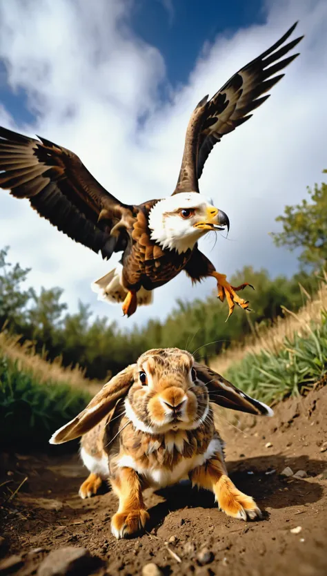 realistic photos, raw photo, ultra-realism, low angle shot, 
break the eagle catches a hare, drop from directly above, a neat an...