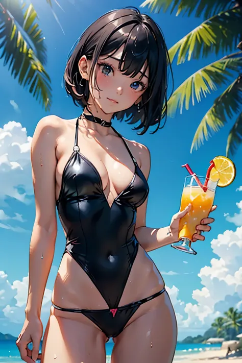 1 female、 alone、(18-year-old female)、(A girlfriend in a sexy swimsuit holds out a tropical drink in one hand and offers it to the viewer.:1.2)、(Small cleavage is sexy)、 BREAK(Low angle shot)、 (From below)、(Dutch Angle)、BREAK(Facing directly at the viewer:1...