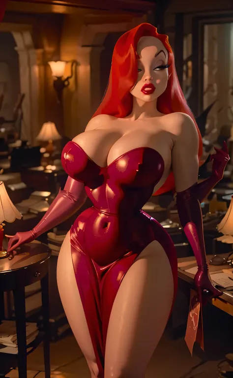 Jessica rabbit with her red dress, beautiful, long red hair, super sensual, big breasts and big hips, very aesthetic, very close to the screen in a seductive pose with a great cleavage and light, in the background a bat with neon lights and many women arou...