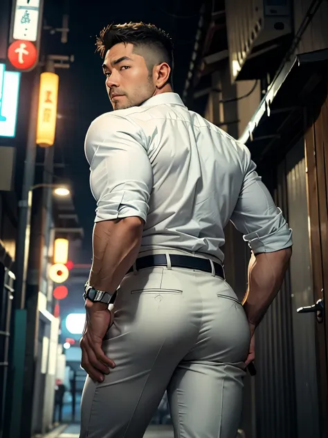 40-year-old boy japanese muscular male in white police uniform., wearing light grey slack formal pants...........gooning seducti...