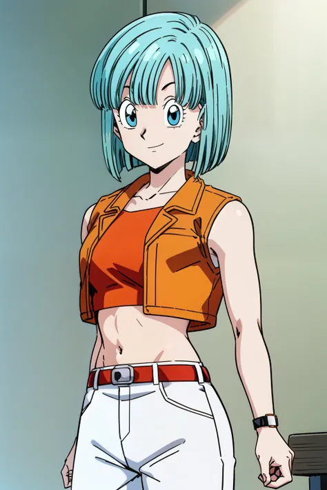 Cell Saga, short hair, Aqua Hair, Bobcut, bangs, blue eyes, One girl, alone, Sleeveless jacket, Open clothes, abdomen, belt, Orange jacket, Open jacket, Red crop top, White pants, watch, Cowboy Shot, From the side, View your viewers, A light smile,