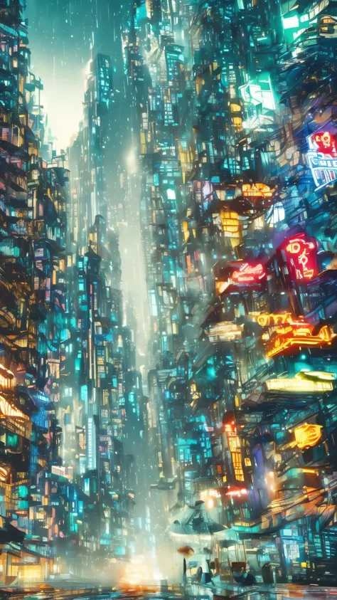 a cyberpunk city in watercolor, low angle, detailed neon lights, futuristic architecture, rain-soaked streets, atmospheric light...