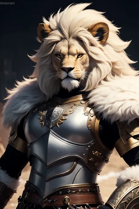 Furry art of an anthropomorphic lion with white fur rpg like wearing black armor 