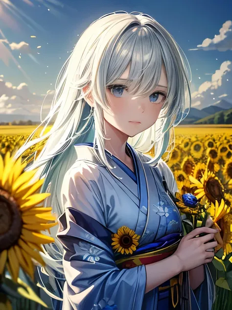 Fictional character composition, Wearing young blue flowers, Surrounded by sunflowers, main character, Open your eyes, His hair was blown by the wind, And the sun heals, Close-up monochrome painting, cute, dream-like, Oil painting style, Acrylic paint,, Ja...