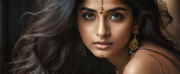 a beautiful mysterious indian woman, intricate detailed face, piercing eyes, long eyelashes, delicate skin, natural beauty, flowing hair, candid elegant pose, dramatic lighting, cinematic mood, muted color palette, chiaroscuro lighting, high quality, photo...