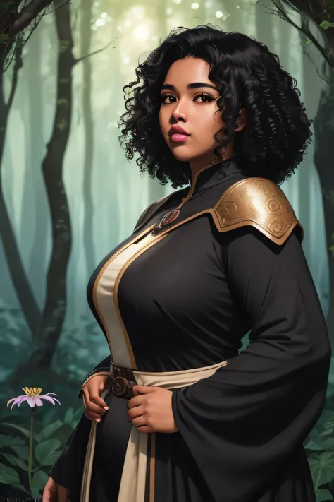 Anime illustration semi-realistic of brown skin latina girl, 25 year old, plus size, curvy, overweight, black eyes, black curly hair, big lips, anime, sleek design, brown skin, sideswept curly hairstyle, round face, fantasy mage clothing, mage outfit, flow...