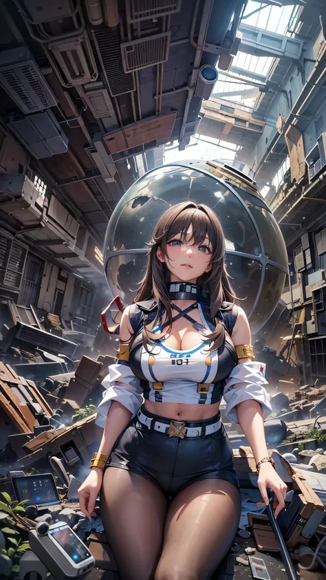 The remains of a space station that crashed into the streets of Cyber City、A giant sphere made of rubble from electronic devices breaks、光り輝くサイバースーツを着たSuper beautiful womanが出現、Extremely realistic and detailed image quality、Bust size 40 inchesＭcup、Super big ...