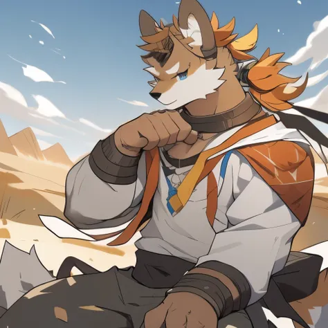 Dog Orc，But there are antlers on the head，Wheat yellow hair，The whole body is covered with hair，Fluffy tail，Handsome，High School Students，short hair，In contemplation，Broken clothes，But it looks more elegant，Calm eyes，desert，Close-up of the shot，Thin body