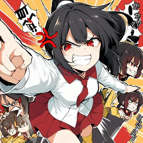 1girl, black hair ponytail, and red dominant eyes, a white shirt, red skirt, thighhighs, yellow shoes, ((angry, while faking smile))