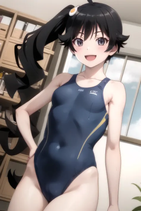 (araragi karen), One girl, Long Hair, Side Ponytail,  Ahoge, egg hair ornament, smile, Open your mouth, medium breastst, (competition swimsuit), Cowboy Shot, standing, Put your arms on your hips, indoors
