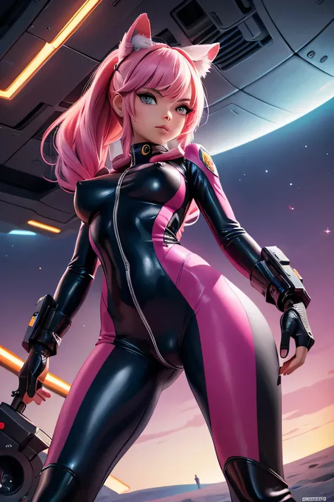 a young girl in a colorful catsuit, science fiction, a futuristic weapon in her hand, sexy pose, tight clothes, cameltoe, nipples, standing on a dry planet, spaceship in backround